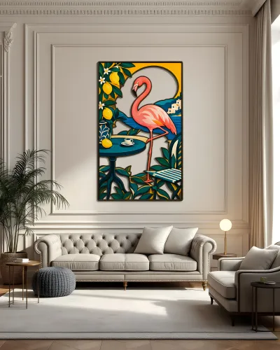 Pembe Flamingo ve Limon Bahçesi Metal Tablo – salon duvarında