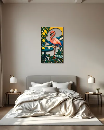 Pembe Flamingo ve Limon Bahçesi Metal Tablo – yatak odası duvarında