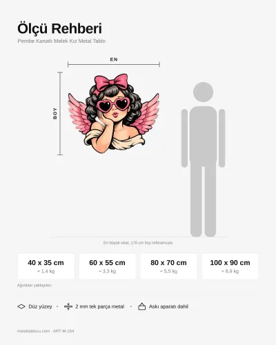 Pembe Kanatlı Melek Kız Metal Tablo – ölçü rehberi