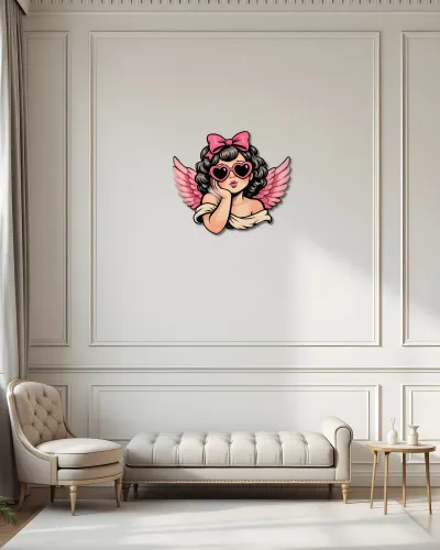 Pembe Kanatlı Melek Kız Metal Tablo – salon duvarında