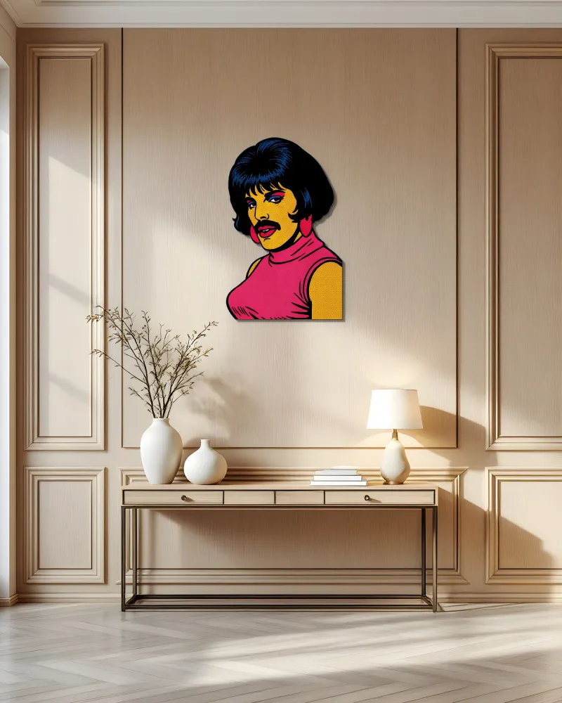 Pop Art Bıyıklı Portre Metal Tablo – konsol üzerindeki duvarda