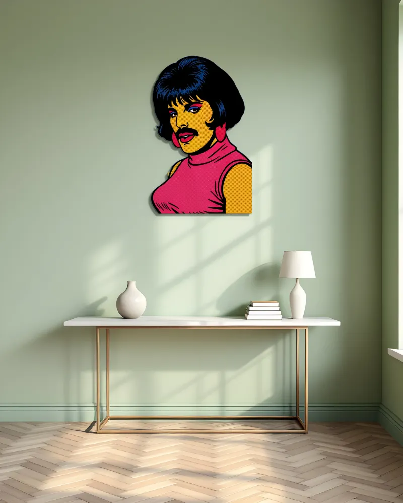 Pop Art Bıyıklı Portre Metal Tablo – konsol üzerindeki duvarda