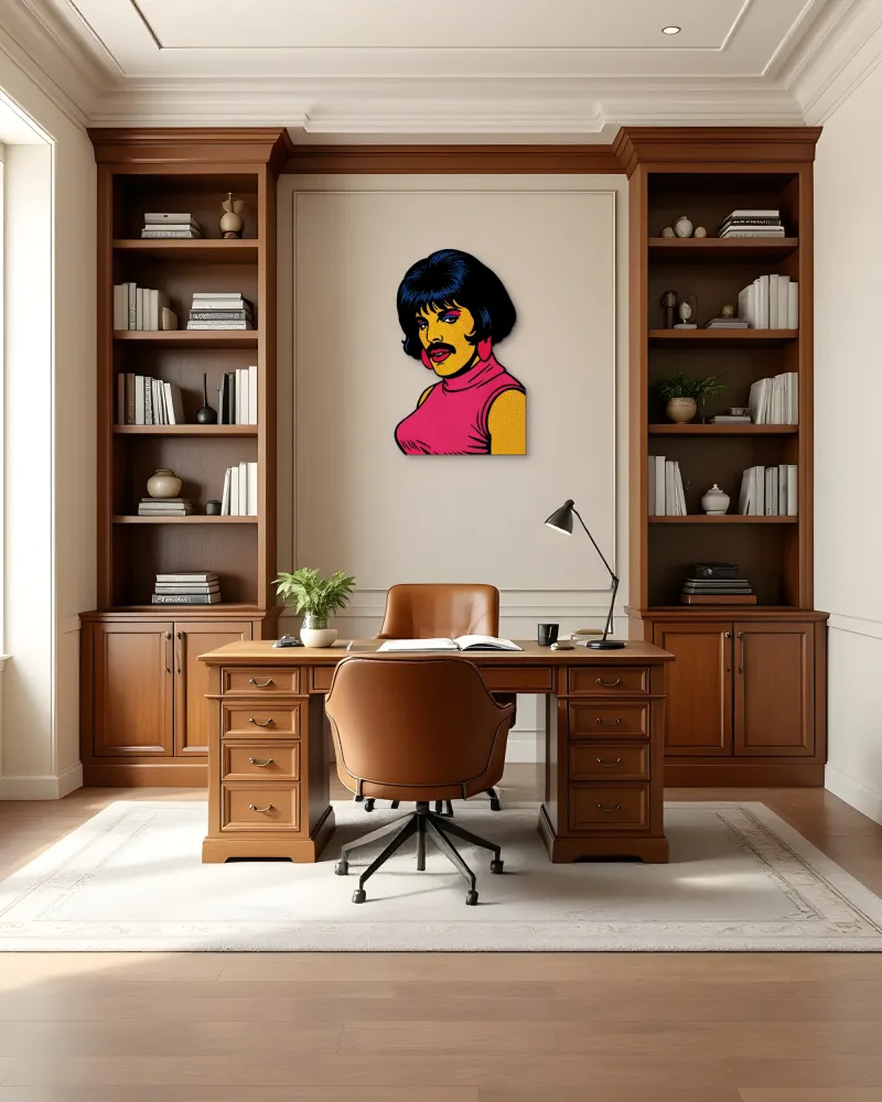Pop Art Bıyıklı Portre Metal Tablo – ofis duvarında