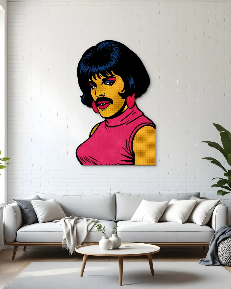 Pop Art Bıyıklı Portre Metal Tablo – salon duvarında