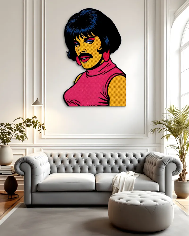 Pop Art Bıyıklı Portre Metal Tablo – salon duvarında
