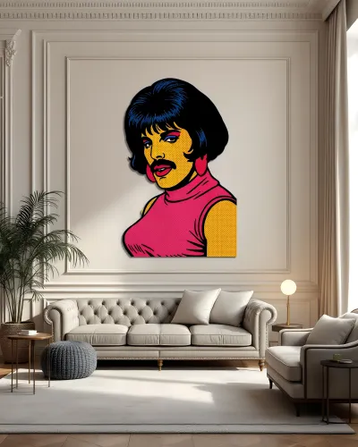 Pop Art Bıyıklı Portre Metal Tablo – salon duvarında