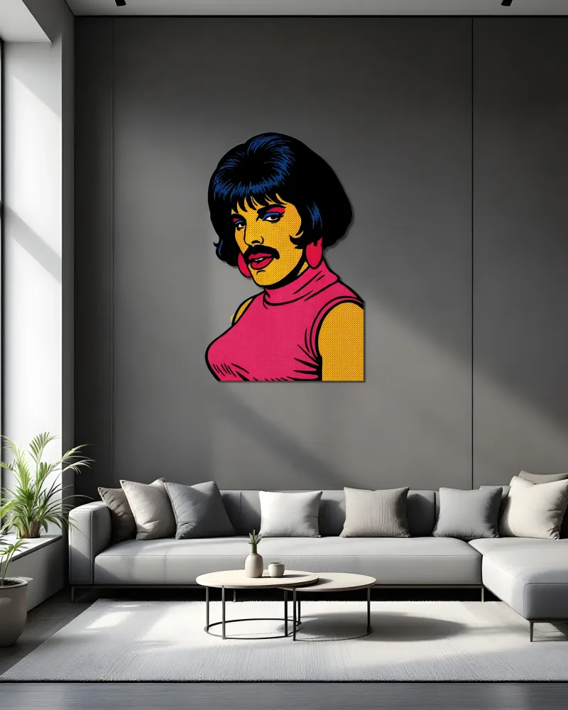 Pop Art Bıyıklı Portre Metal Tablo – salon duvarında