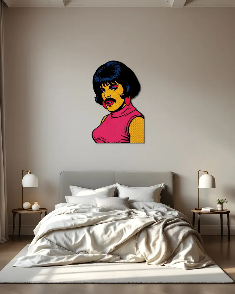 Pop Art Bıyıklı Portre Metal Tablo – yatak odası duvarında