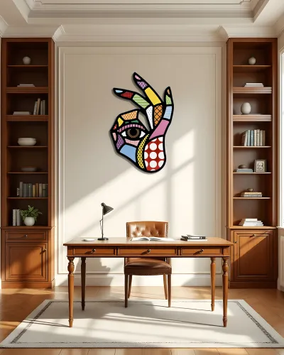 Renkli Desenli El ve Göz Pop Art Metal Tablo – ofis duvarında