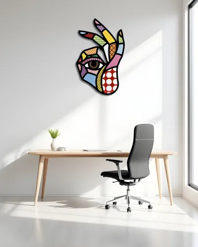 Renkli Desenli El ve Göz Pop Art Metal Tablo – ofis duvarında