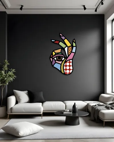 Renkli Desenli El ve Göz Pop Art Metal Tablo – salon duvarında