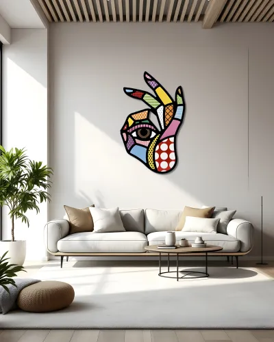 Renkli Desenli El ve Göz Pop Art Metal Tablo – salon duvarında