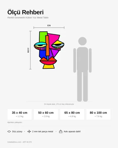 Renkli Geometrik Kübist Yüz Metal Tablo – ölçü rehberi