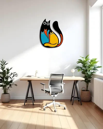 Renkli Kedi Ailesi Dekoratif Metal Tablo – ofis duvarında