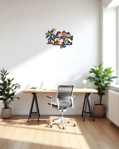 Renkli Kuş Ailesi ve Kuş Evi Metal Tablo – ofis duvarında