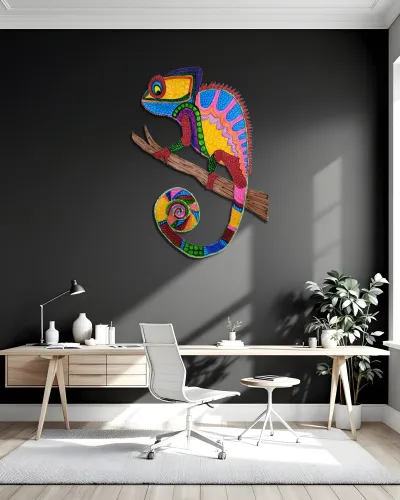 Renkli Mandala Desenli Bukalemun Metal Tablo – ofis duvarında