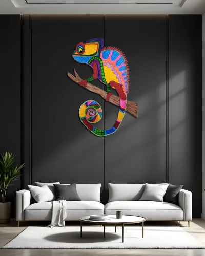 Renkli Mandala Desenli Bukalemun Metal Tablo – salon duvarında