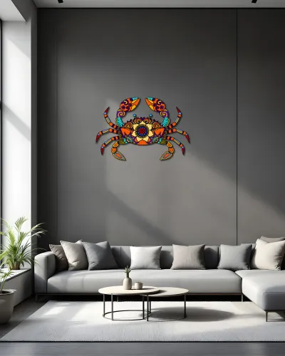 Renkli Mandala Desenli Yengeç Metal Tablo – salon duvarında