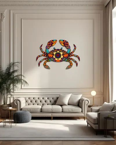 Renkli Mandala Desenli Yengeç Metal Tablo – salon duvarında