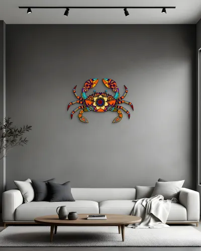 Renkli Mandala Desenli Yengeç Metal Tablo – salon duvarında