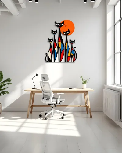 Renkli Mozaik Kedi Ailesi Metal Tablo – ofis duvarında