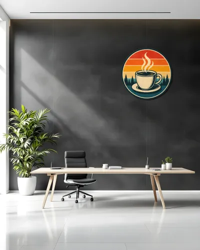 Retro Gün Batımı Kahve Fincanı Metal Tablo – ofis duvarında