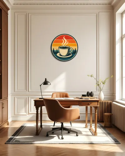 Retro Gün Batımı Kahve Fincanı Metal Tablo – ofis duvarında