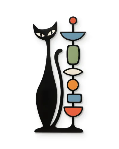 Retro Kedi ve Renkli Totem Figürlü Metal Tablo – beyaz zemin