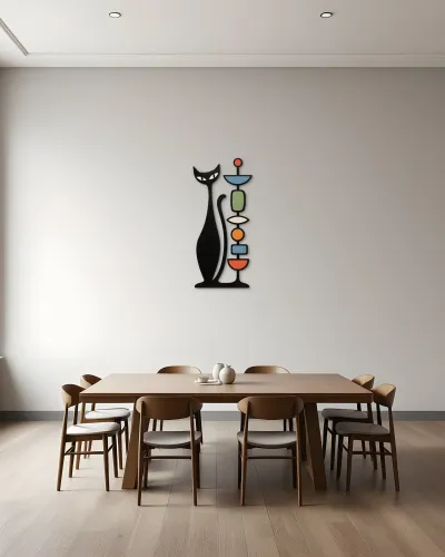 Retro Kedi ve Renkli Totem Figürlü Metal Tablo – duvarda görünüm