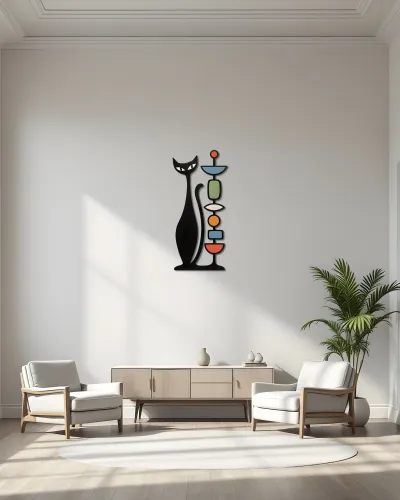 Retro Kedi ve Renkli Totem Figürlü Metal Tablo – duvarda görünüm