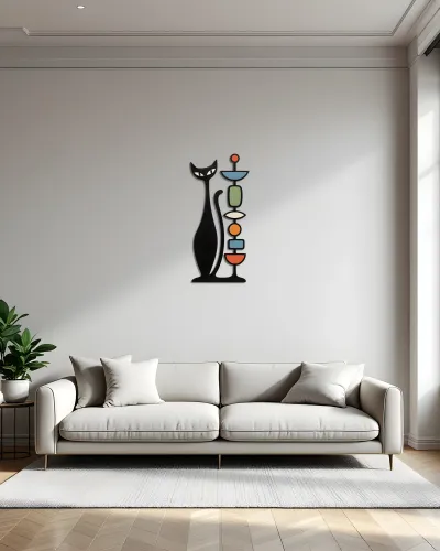 Retro Kedi ve Renkli Totem Figürlü Metal Tablo – duvarda görünüm