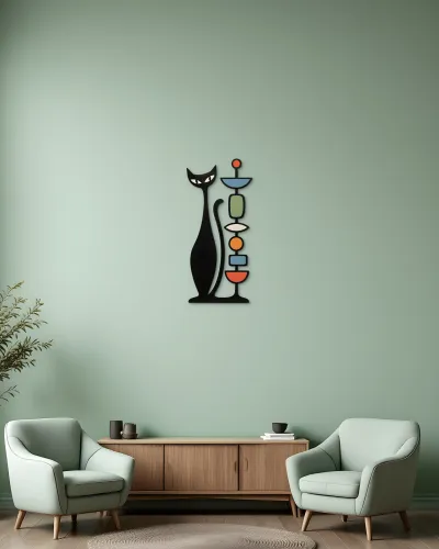 Retro Kedi ve Renkli Totem Figürlü Metal Tablo – duvarda görünüm