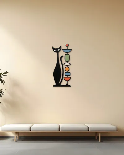 Retro Kedi ve Renkli Totem Figürlü Metal Tablo – duvarda görünüm