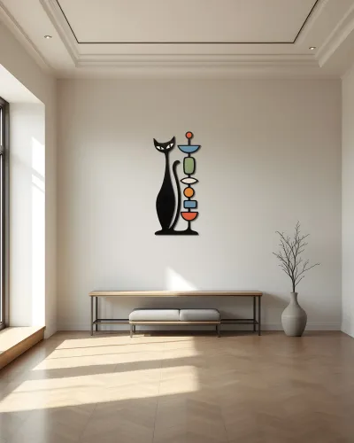Retro Kedi ve Renkli Totem Figürlü Metal Tablo – duvarda görünüm