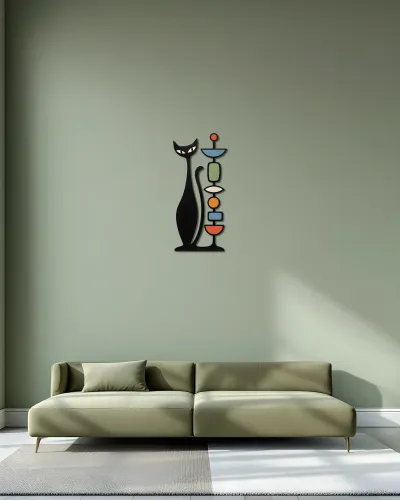 Retro Kedi ve Renkli Totem Figürlü Metal Tablo – duvarda görünüm
