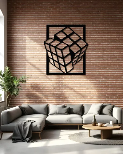 Rubik Küp Desenli Çerçeveli Metal Tablo – salon duvarında