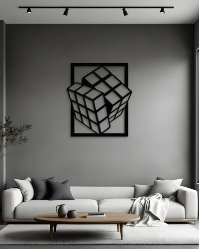 Rubik Küp Desenli Çerçeveli Metal Tablo – salon duvarında