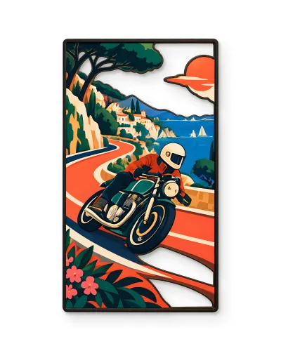 Sahil Yolunda Motosikletli Vintage Metal Tablo – beyaz zemin