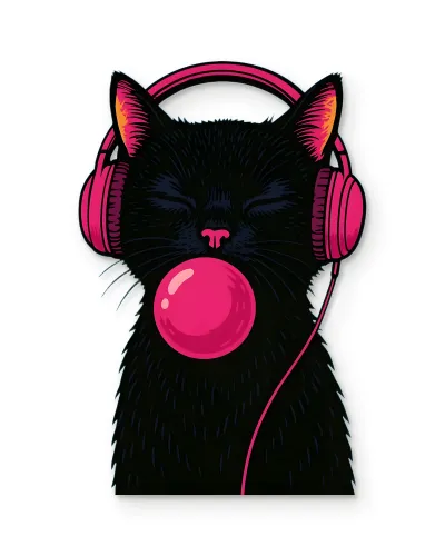 Sakız Üfleyen Kulaklıklı Kedi Metal Tablo – beyaz zemin