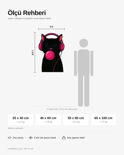 Sakız Üfleyen Kulaklıklı Kedi Metal Tablo – ölçü rehberi