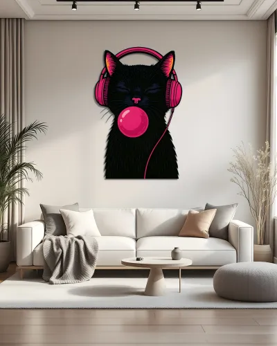 Sakız Üfleyen Kulaklıklı Kedi Metal Tablo – salon duvarında
