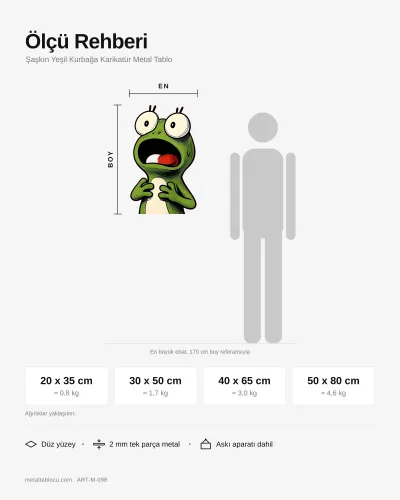 Şaşkın Yeşil Kurbağa Karikatür Metal Tablo – ölçü rehberi