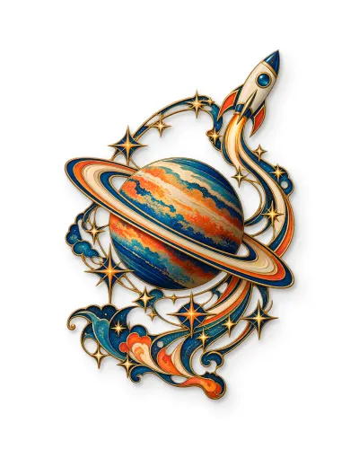 Saturn ve Roket Desenli Renkli Metal Tablo – beyaz zemin