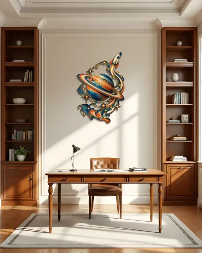 Saturn ve Roket Desenli Renkli Metal Tablo – ofis duvarında