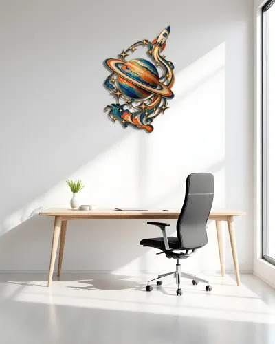 Saturn ve Roket Desenli Renkli Metal Tablo – ofis duvarında