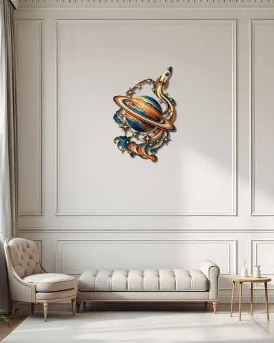 Saturn ve Roket Desenli Renkli Metal Tablo – salon duvarında