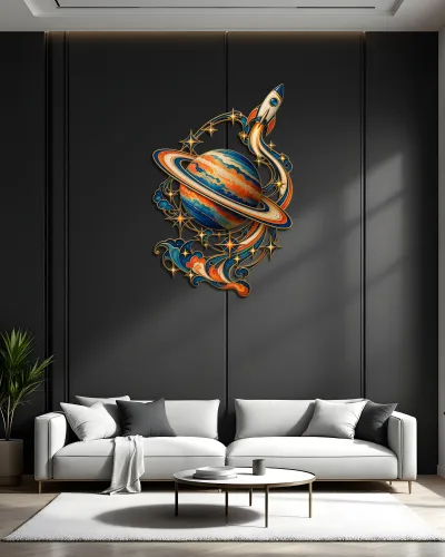 Saturn ve Roket Desenli Renkli Metal Tablo – salon duvarında