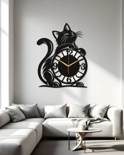 Sevimli Kedi Silueti Metal Duvar Saati – salon duvarında