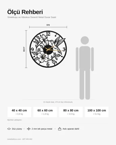 Sinekkuşu ve Hibiskus Desenli Metal Duvar Saati – ölçü rehberi