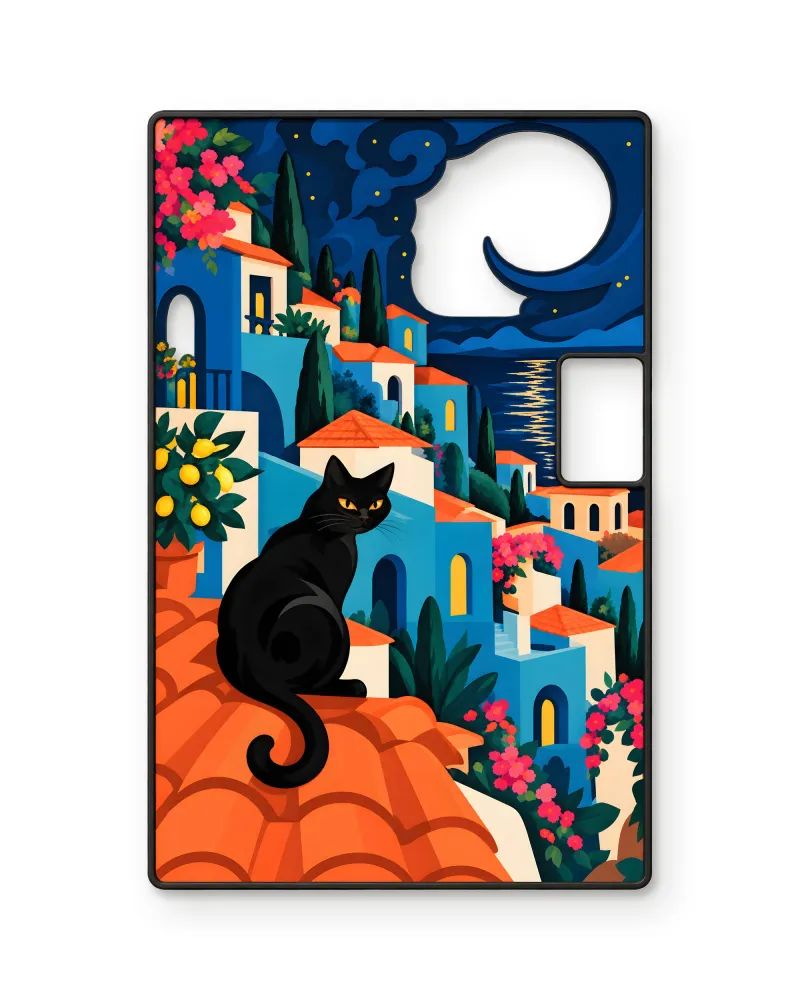 Siyah Kedi Akdeniz Kasabası Metal Tablo – beyaz zemin